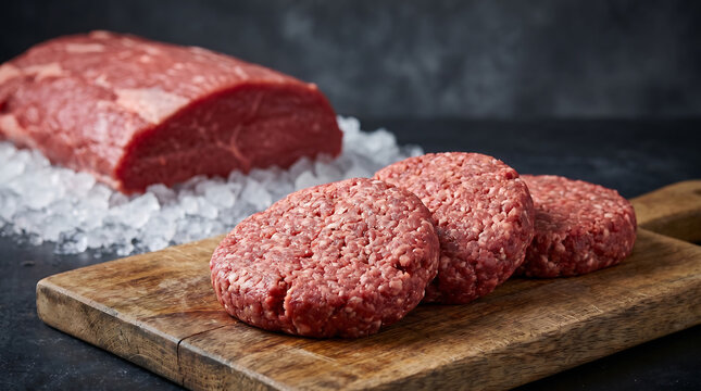 Raw beef burger patties on wooden board, Fresh minced meat patties with raw beef, Uncooked ground beef burgers on cutting board