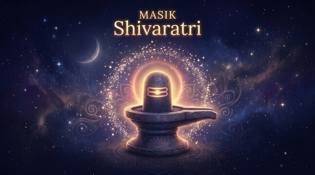 A mystical, glowing Shiva Lingam under a crescent moon for the Masik Shivaratri festival.
