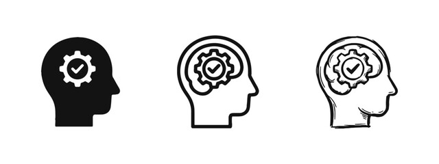 Human profile head with gear and check mark icon set for logic and thinking © drawing lines