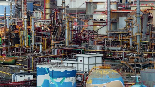 Close-up of Oil Refinery Pipelines; Global Energy Crisis and Fuel Supply Chain Disruptions