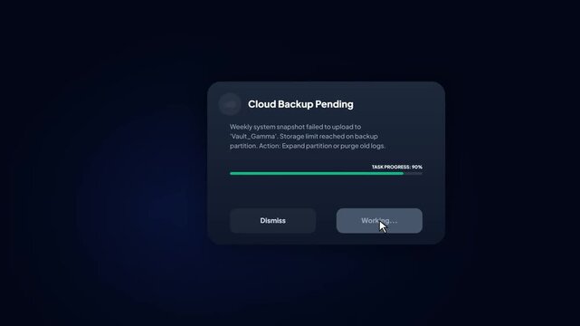 Cloud backup pending notification on dark interface with storage limit reached and resolve button