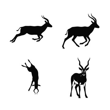 Dynamic black impala antelope silhouettes in various running and standing poses, vector illustration.