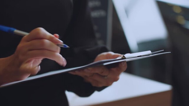 The female hand signs the form, the girl signs the contract, the receptionist writes