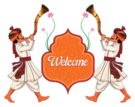 Indian Wedding Welcome Banner with Traditional Rajasthani Musicians and Ethnic Royal Decoration Vector Illustration