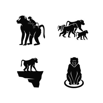 Baboon monkey silhouette collection with mother and baby, group, and individual poses.