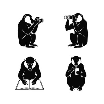 Vector set of four monkey silhouettes engaged in human activities: photography, observation, writing, and smartphone use, representing modern intelligence and learning.