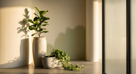 Fototapeta premium Interior design with potted plants casting shadows on a light green wall