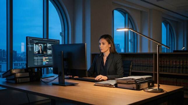 Paralegal tagging timestamped witness clips in deposition video analysis platform on wide desktop monitor in quiet law library, stacked case