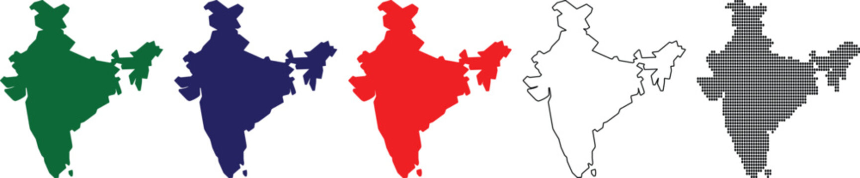 India map in different styles and colors on white background