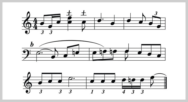 Black musical score fragments with treble and bass clef notations showing complex rhythmic structures isolated on white background for education