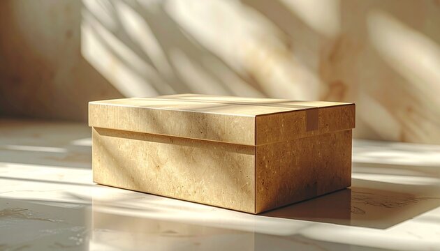 Minimalist textured cardboard box with lid and sunlight shadows 3D rendering