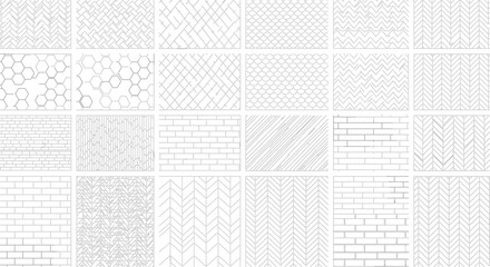 Set of professional architectural tile patterns and geometric floor textures including herringbone brickwork honeycomb hexagon and chevron designs for interior design rendering © Mahsina