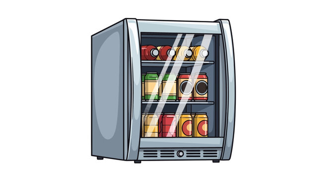 Modern mini fridge filled with colorful beverage cans on white background