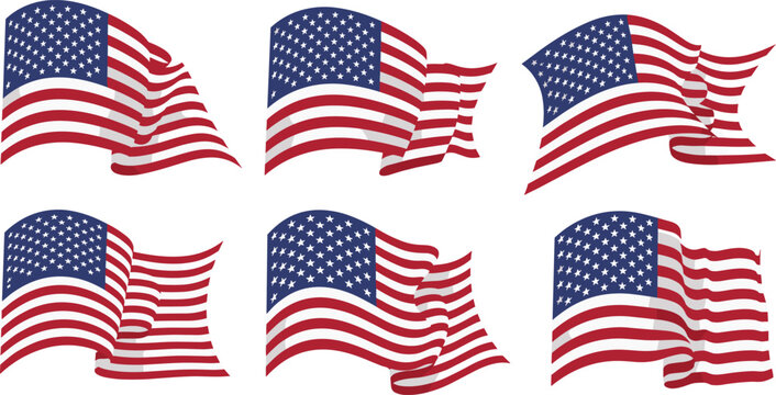 Set of waving United States flags in different motion styles isolated on white for Fourth of July and patriotic American holidays