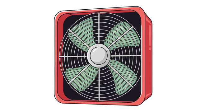 Retro box fan with green blades and red frame, isolated on white background.
