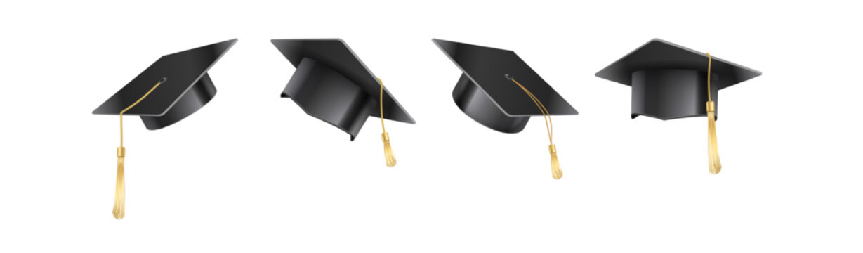 Set of vector realistic mortar hats. Graduation cap of a student with multi-colored tassels. Black hat at graduation at the university. Symbol of academic education, university headdress