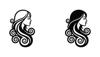 Stylized profile portrait of woman with flowing long hair in black and white vector graphic variations for beauty industry logos © Deshi