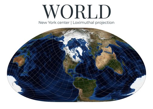 World Map in Loximuthal Projection. High-detail physical map centered on New York. Straight rhumb lines for navigation. April View. Elements of this image furnished by NASA.