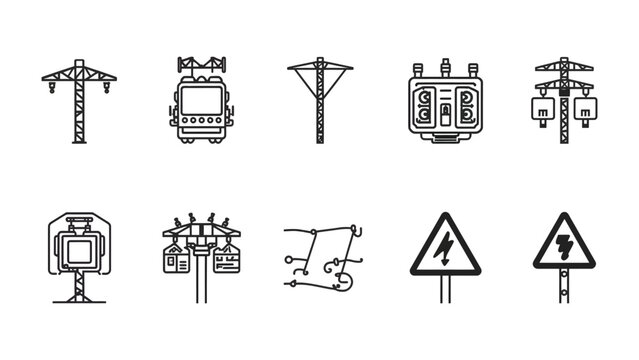Power Grid Icons: A collection of meticulously crafted, minimalist line drawings showcasing various elements of a power grid, from transmission towers to hazard signs.