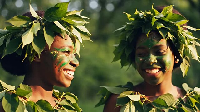 Two smiling women with leaf crowns and face paint outdoors
