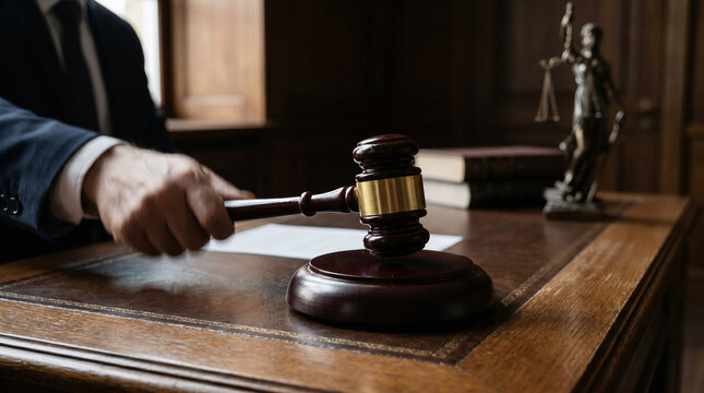 Legal decision concept with gavel, judge, and law books representing justice and court procedure