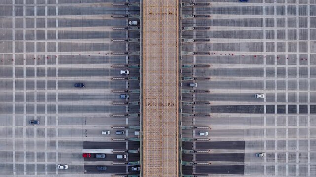 Toll roads on broad highway, Elefsina, Overhead aerial view