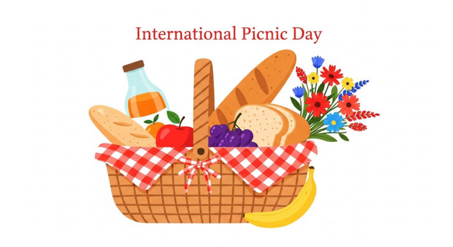 Picnic basket filled with bread fruit and drinks on a red checkered cloth with flowers for a summer outing