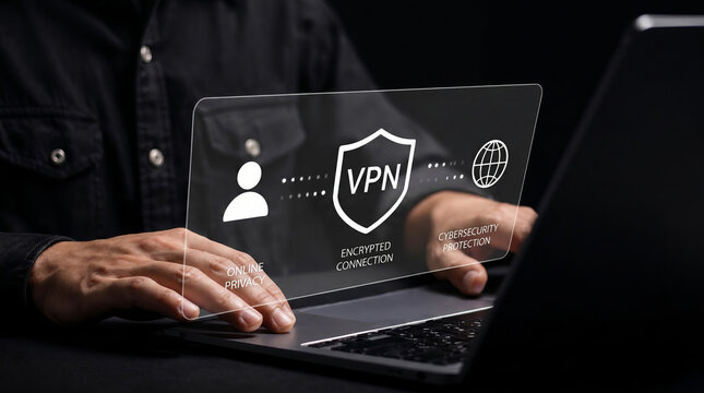VPN security concept with person using laptop, shield icon, user profile, and global internet privacy protection