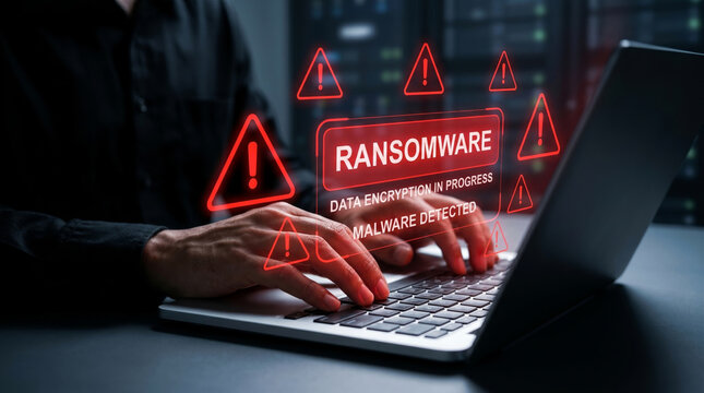 Hacking and ransomware concept with laptop user facing cyber extortion and data encryption alert