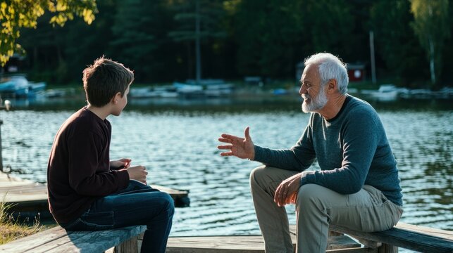 Lakeside Conversation Grandfather and Grandson Discussing by the Pier