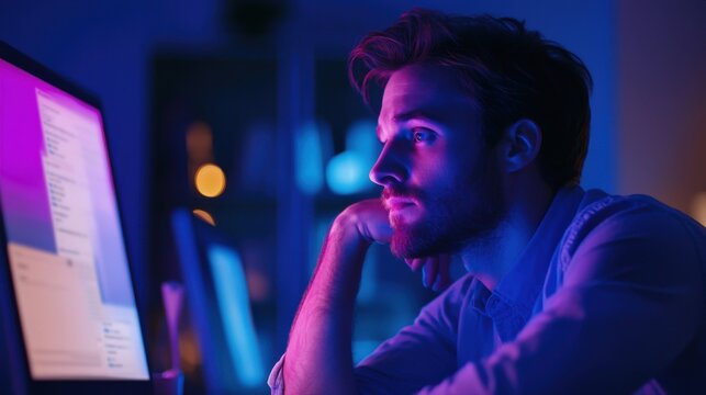 man looking at computer screen in dark room