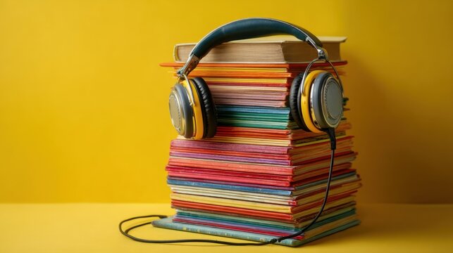 Colorful Stack of Books with Headphones on Yellow Background for Education and Leisure Themes