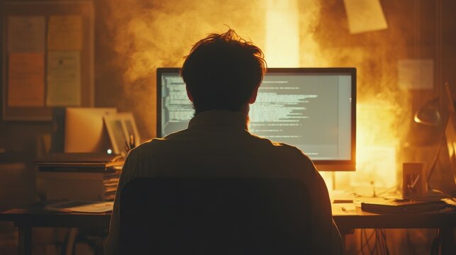 man working late at night on computer