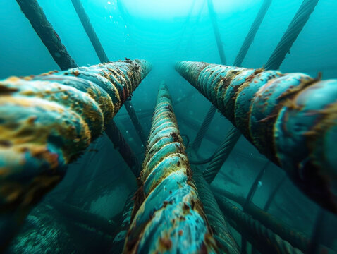 Close-up of submerged industrial cables with marine growth in clear water.