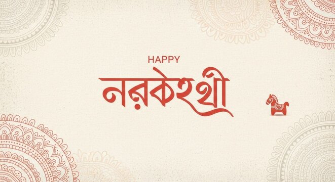 Happy Narak Chaturdashi Bengali Text and Horse Icon on Festive Background
