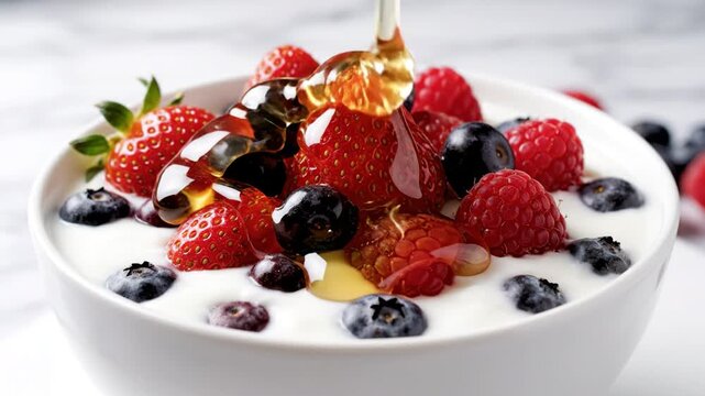Fresh strawberry blueberry raspberry honey yogurt bowl healthy breakfast with creamy texture vibrant colors delicious nutritious sweet fresh fruit dairy snack ripe organic summer meal vitamin diet