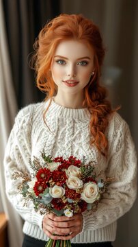 A woman with red hair is holding a bouquet of flowers. She is smiling and she is happy