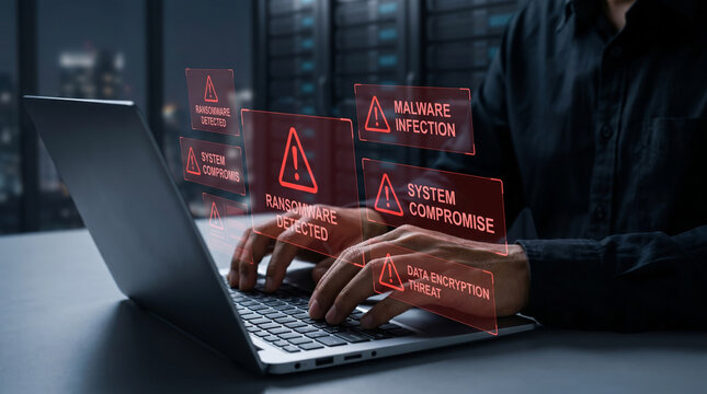 Ransomware attack concept with warning alerts on laptop screen, data encryption in progress, and malware detected