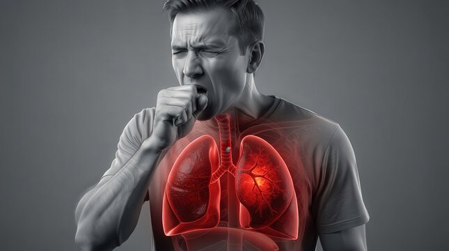 A man coughing with a digital illustration highlighting his lungs, emphasizing respiratory health and potential lung issues.