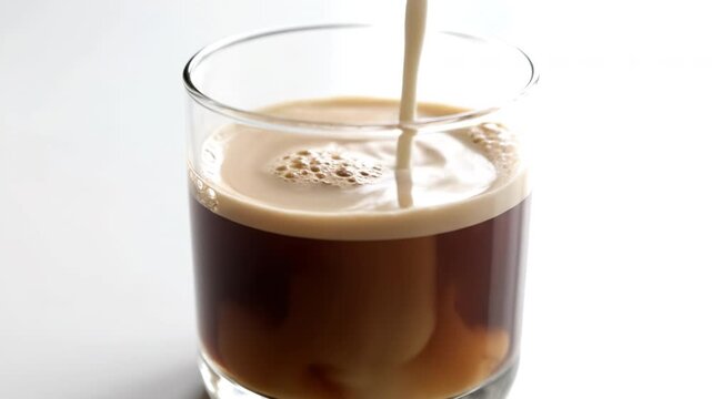 Cream pouring into glass of dark coffee with swirling foam and creamy texture in clear glass cup, rich liquid beverage refreshment perfect morning drink with natural light swirl