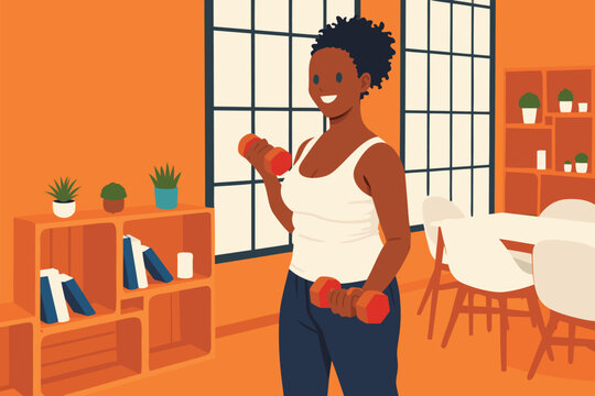 Smiling woman in sportswear preparing for a workout inside a modern fitness studio or living room.