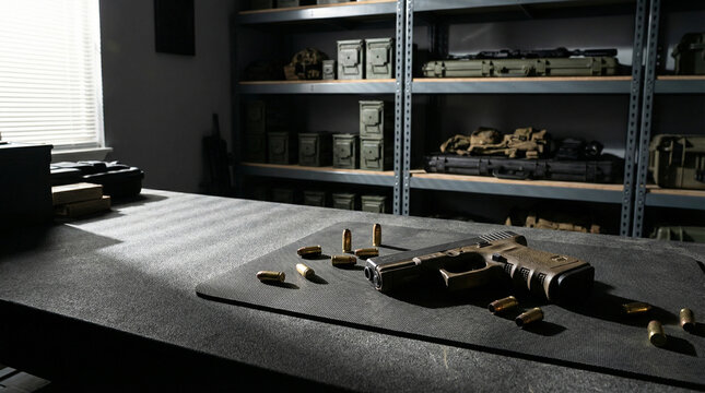 Handgun and Ammunition on Mat in Storage Room