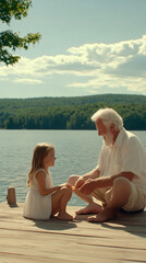 Fototapeta premium A sweet moment between a grandfather and granddaughter sharing time by the lakeside, symbolizing love and family ties