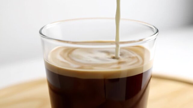 Cream pouring into black coffee glass creating swirling beverage pattern with smooth liquid texture, close up view of refreshing cold drink on wooden surface in bright setting