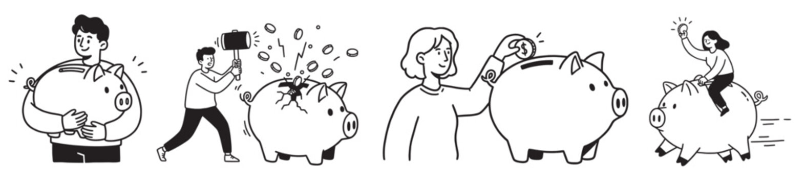 Financial concept illustrations in doodle style, saving money in piggy bank, protecting savings