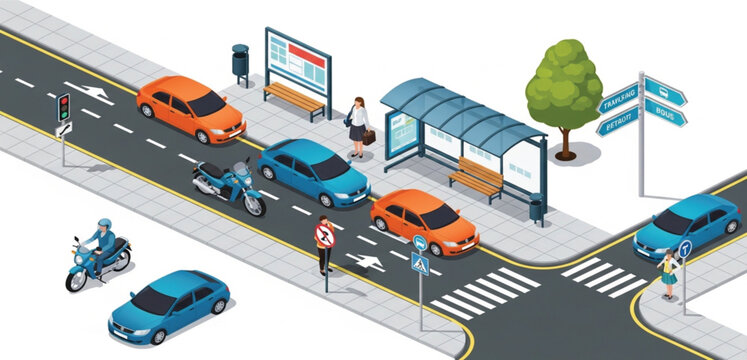 Isometric Urban Street Scene with Bus Stop Cars Motorcycles Traffic Signs Crosswalk Sidewalk Transportation Infrastructure and Modern City Road Intersection Design