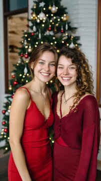 Two women smiling at the camera with one wearing a red bra. Scene is happy and friendly