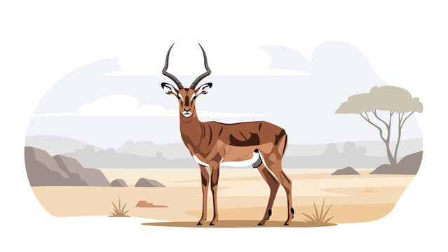 Graceful impala antelope standing in a vast savanna landscape with mountains and trees under a cloudy sky, representing wild African nature.