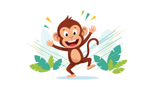 Cheerful brown monkey jumping and dancing happily surrounded by tropical green leaves and colorful abstract lines.