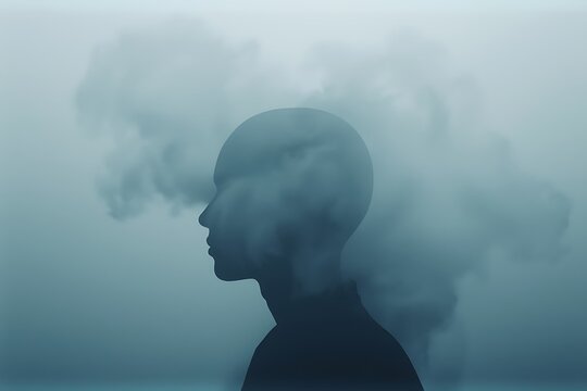 Minimal head silhouette filled with soft fog gradients in muted blue gray tones fading into abstract background composition